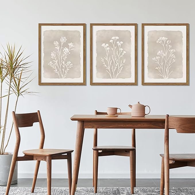 Framed Boho Botanical Flower Wall Art Set of 3, Vintage Minimalist Neutral Floral Wall Decor Paintings, Rustic Farmhouse Wildflower Artwork Prints Picture for Living Room Bedroom Bathroom 16x24 Inch