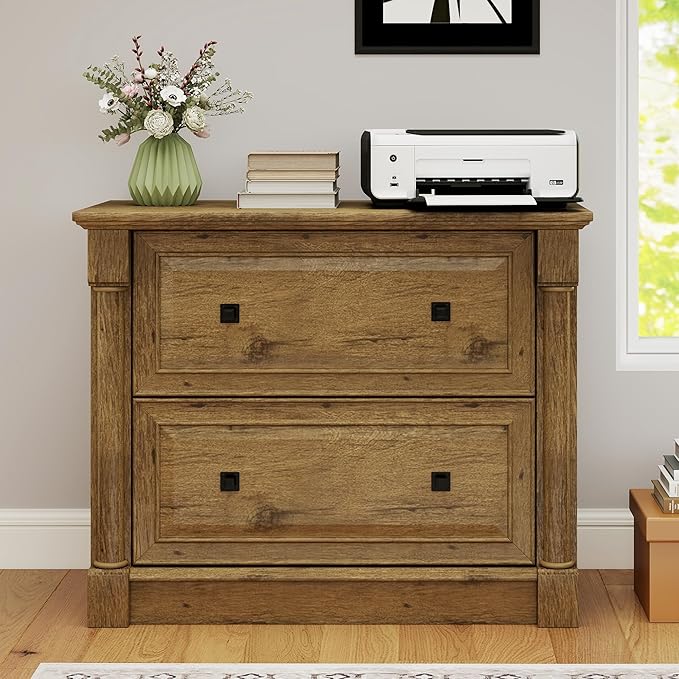 2-Drawer Roman Column File Cabinet, 36.8″ Wide Lateral File Cabinet with Hanging Folders, Fits Letter Legal A4 Sizes, Elegant Classic Design for Home Office Boss Room or Printer Stand, Vintage Oak