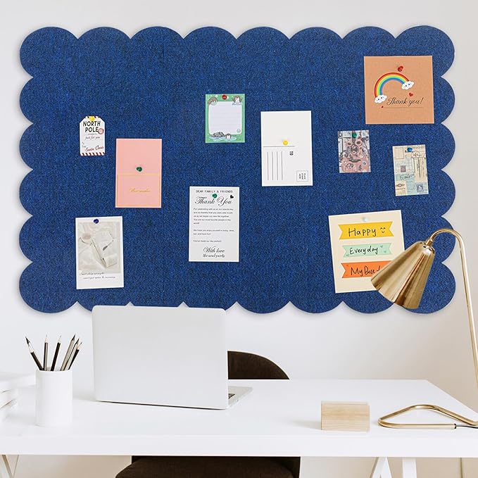 Scalloped Felt Bulletin Board 72 x 48 Inches Foldable Dark Blue Pin Cork Board Alternative for Wall, 6' x 4' Trifold Picture Vision Self Adhesive Bulletin Decorative