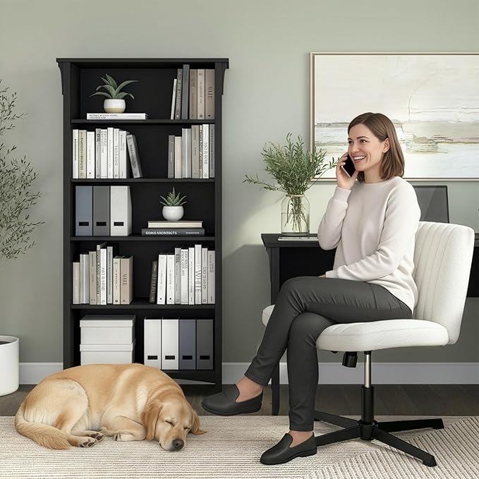 Bush Home Salinas 5 Shelf Bookcase in Vintage Black, Tall Bookshelf, Large Book Shelf for Living Room, Home Office, or Entryway