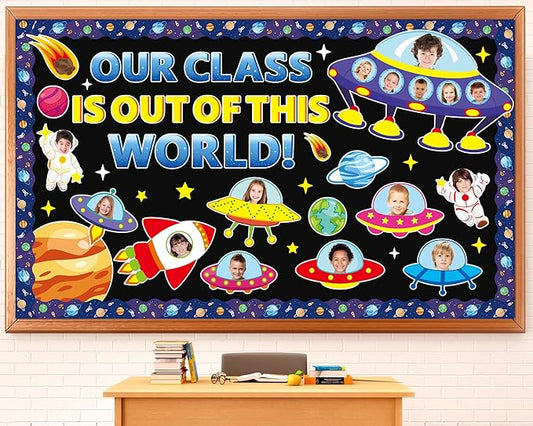gisgfim Outer Space Bulletin Board Decorations Set Back to School Space Theme Classroom Paper Cutouts Our Class is Out of This World Spacecraft Bulletin Board Decor for Kids School Chalkboard Wall