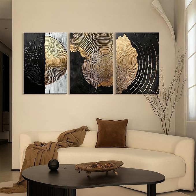 3Pcs Framed Minimalist Abstract Black Golden Canvas Wall Art Vintage Tree Ring Wall Decor Pictures Modern Rustic Posters Prints for Living Room Office Hallway Home Decoration 16x24in Ready to Hang