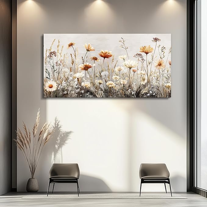QIYILEXWART Canvas Wall Art For Living Room Wall Decor For Bedroom Office Wall Decoration Neutral Wildflower Landscape Painting Farmhouse Pictures Artwork Room Aesthetic Home Decor 20x40 In
