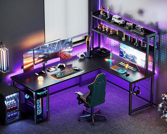 ODK L Shaped Gaming Desk with Hutch, Computer Desk with Storage Shelves, 66" L Shaped Desk for Home Office, Corner Desk with Headphone Hook, Black