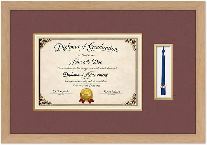 Diploma Frame with Tassel Holder Natural Wood Shadowbox Dark Red Over Gold Mat - Fits 11.69 x 8.27 Degree Made in the USA