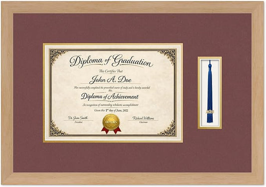 Diploma Frame with Tassel Holder Natural Wood Shadowbox Dark Red Over Gold Mat - Fits 11.69 x 8.27 Degree Made in the USA