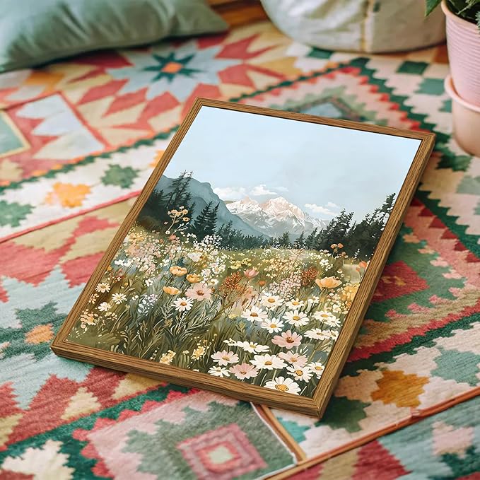 Framed Boho Landscape Wall Art, Colorful Floral Mountain Pictures Wall Decor, Vintage Wildflower Nature Paintings Canvas Prints Rustic Home Decor for Living Room Bedroom Office 16x24 inch