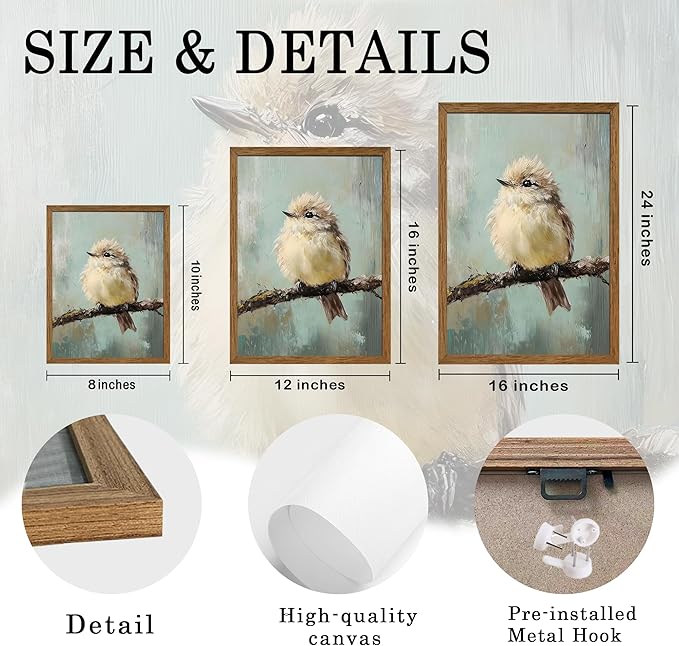 AVECCO Framed Vintage Funny Birds Canvas Wall Art, Bird Rustic Farmhouse Wall Decor, Unique Animal Art Prints for Kid's Room Bathroom Bedroom Living Room Office Home Decoration Ready to Hang 16x24 In