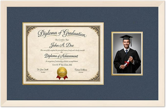 Diploma Frame With Photo Opening Coastal Whitewash Navy Blue Over Gold Mat - Fits 13 x 10 Degree and Picture Made in the USA