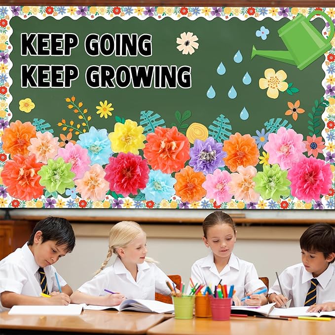 3D Spring Wildflowers Bulletin Board Set Keep Going Keep Growing Bulletin Board Paper Flowers Classroom Decorations Floral Blackboard Border Sunflower Cutout for Back to School Classroom Wall Decor