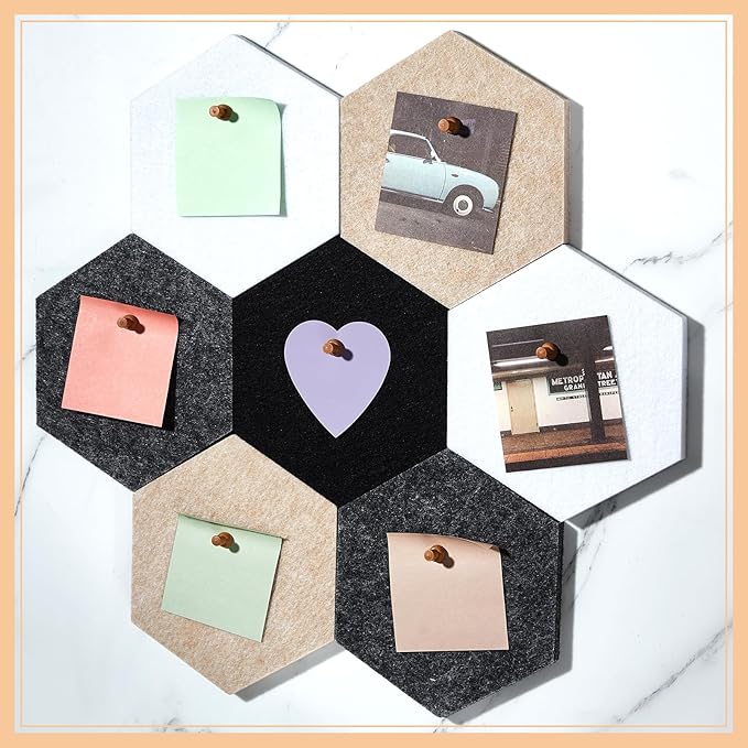16 Pcs Hexagon Cork Board for Walls with 50 Wooden Push Pins 6.7 x 5.9 in Felt DIY Tiles Notice with Nano Tape Hanging Bulletin Board for Home Photo Office Memo Note(Classic Colors)