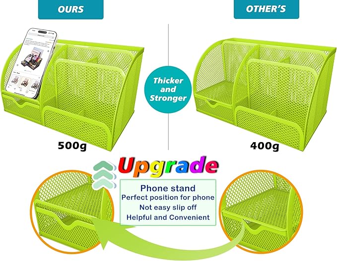 Boutilon Mesh Desk Organizer Desktop Office Supplies Stationary Organizer with 6 Compartments and 1 Drawer Multi-Functional Caddy Pen Holder for Home Office School Desk Decor(Fruit Green)
