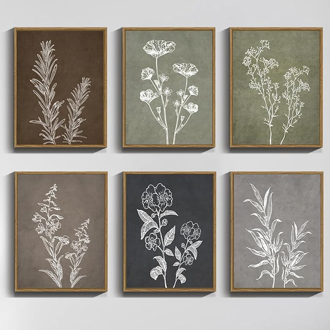 Drsoum Botanical Wall Art Framed Boho Wall Art Decor Wooded Vintage Print Modern Farmhouse Home Kitchen Decor 11x14inx6pcs Neutral Framed