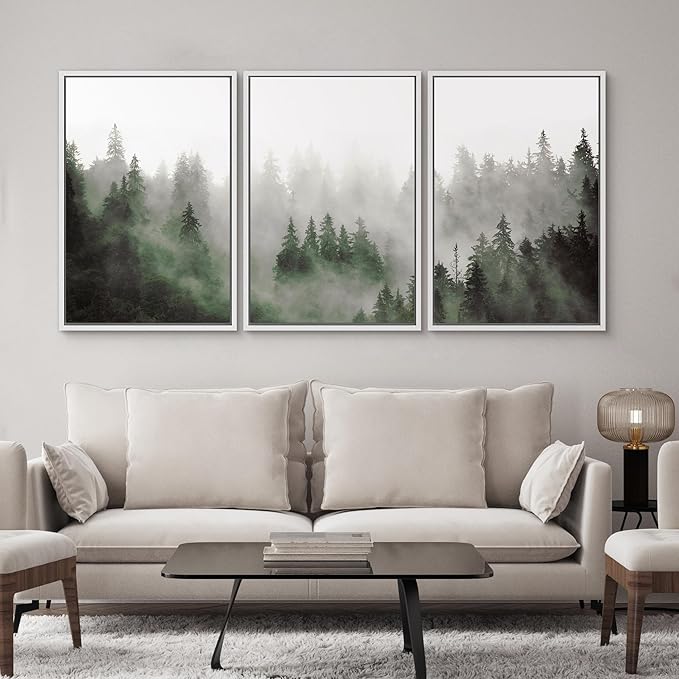 SIGNWIN Framed Canvas Print Wall Art Woodland Nursery Decor Set Fog & Mist Over Green Pine Tree Forest Nature Wilderness Modern Art Chic Landscape for Living Room, Bedroom, Office - 24"x36"x3 White