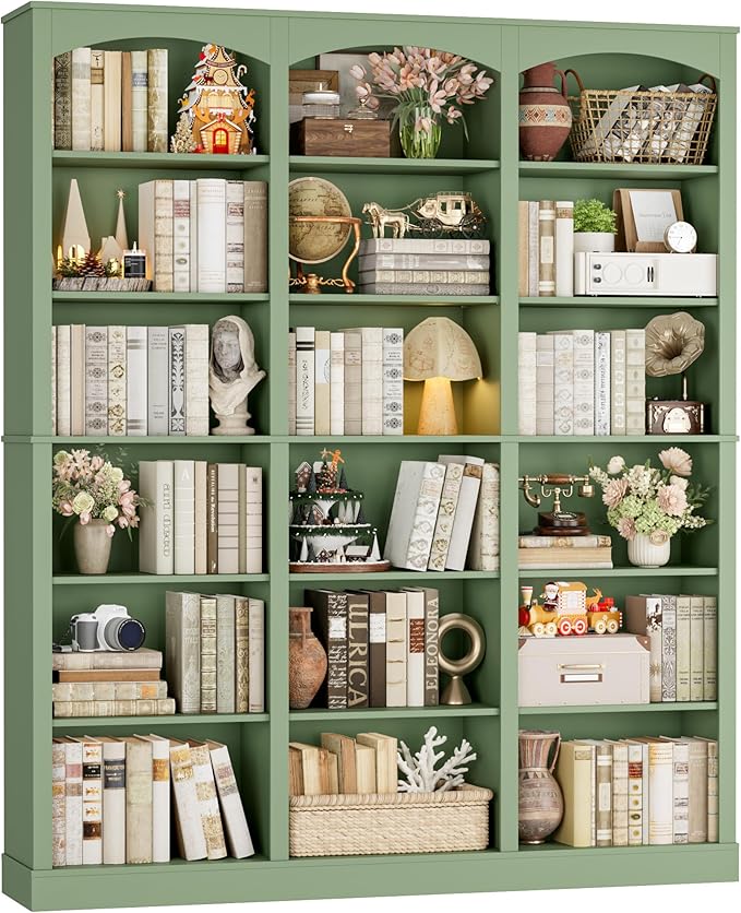 FACBOTALL 71" Triple Wide Bookshelf, 6 Tier Tall Bookshelf, Large Arched Bookcase with Curved Baffle, 63.4" Wide Book Shelf with 18 Open Display Shelves for Living Room, Study, Green