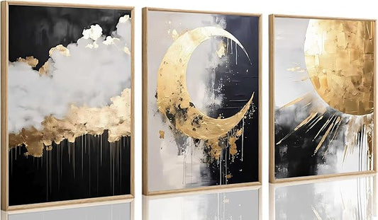 3Pcs Black and Gold Abstract Canvas Wall Art Sun Moon And Cloud Posters Prints Maximalist Pictures Wall Decor For Living Room, Bedroom,bathroom Decoration Unframed
