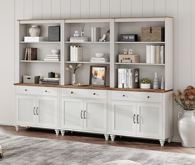 WAMPAT 5 Tier Bookshelf 72" Tall Bookcase with Barn Doors, Large Farmhouse Display Book Shelf with 3 Drawers and Storage Cabinet, 3-in-1 Library Wood Bookshelves for Living Room or Kitchen, White