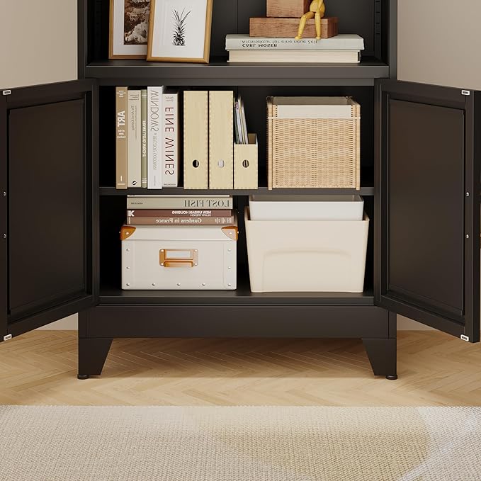 71" H Tall Metal Bookcases and Bookshelves with 2 Doors and Adjustable Shelves，Tall Storage Cabinet Industrial Bookshelf 6-Tier Open Display Shelf，Decor Furniture for Living Room, Bedroom
