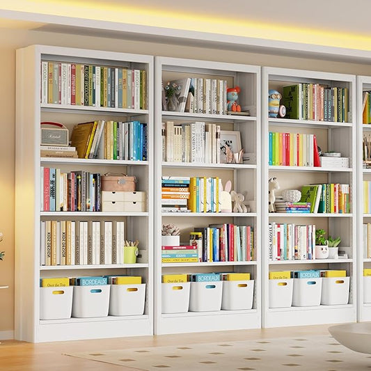 Metal White Bookshelf, 71"H Tall Bookcase with Adjustable Storage Shelves, 5-Tier Heavy Duty Book Shelf, Modern Open Large Book Case for Library, Living Room, Office, including Book Stopper (White)