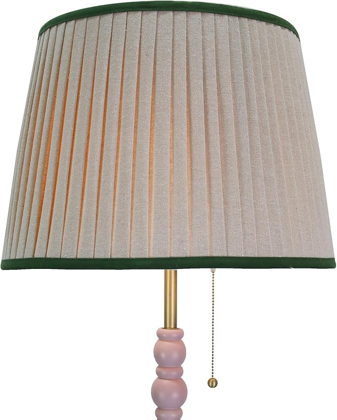 Modern Floor Lamp for Living Room, Farmhouse Floor Lamps, 14X14X59 Inch Pink Wood Base Pull Chain Switch Floor Lamp for Bedrooms and Office (Tapered Pleated Shade)