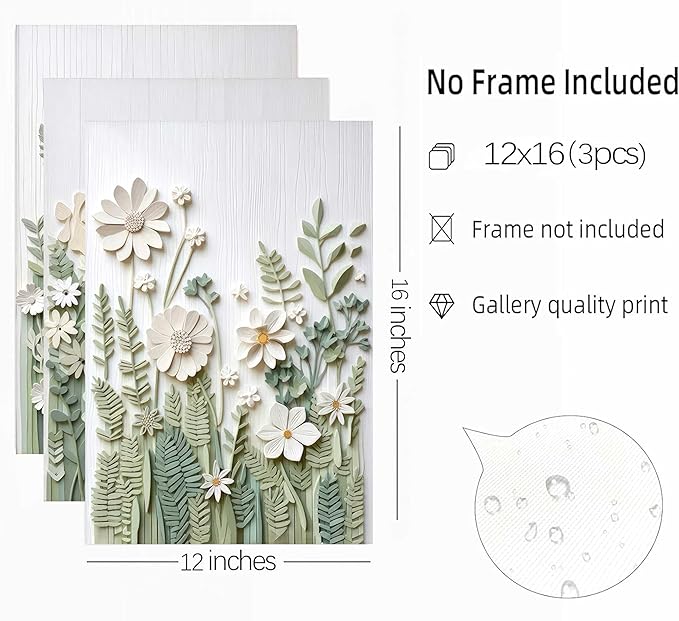 3 Pcs Sage Green Wildflowers Canvas Wall Art Neutral Minimalist Abstract Boho Floral Botanical Painting Pictures Wall Decor Poster Print Artwork for Living Room Bedroom Home Decoration Unframed