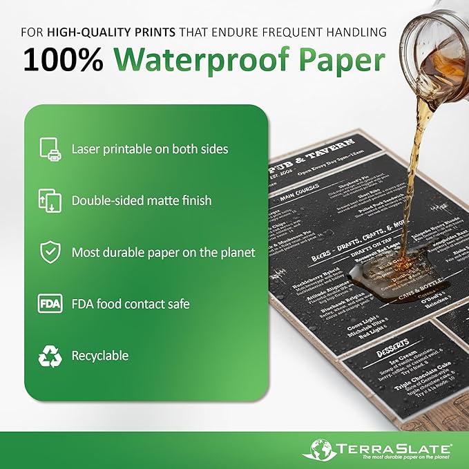 TerraSlate Printable Waterproof Paper for Laser Printer, 10 MIL 8.5" x 14", 50 Sheets, Matte White Printer Paper, Rip-Resistant, Weather/Rain Proof Copy Paper