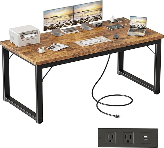 Mericonia 54 Inch Computer Desk with Power Outlets, 1.2" Thick Heavy Duty Industrial Office Desk, Modern Simple Study Writing Table for Home Office Bedroom Workstation, Brown