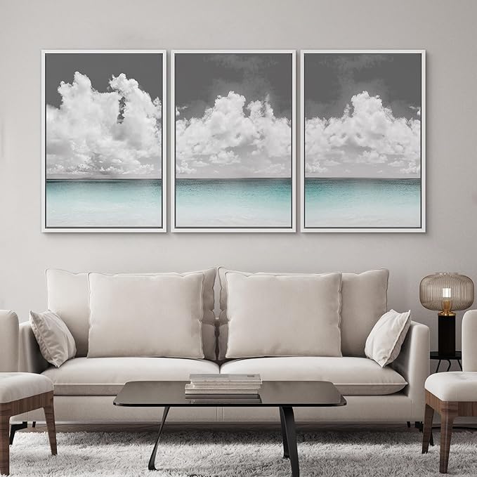 SIGNWIN 3 Piece Framed Canvas Wall Art Clouds Above The Blue Ocean Nature Wilderness Illustrations Abstract Traditional Relax/Calm Home Artwork Decoration for Living Room,Bedroom - 24"x36"x3 White