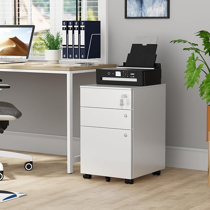 Mobile File Cabinet with 3 Locks, 3 Drawer File Cabinets for Home Office, Under Desk Metal Filing Cabinet for A4/Letter/Legal, Lockable, Fully Assembled Except castors, White