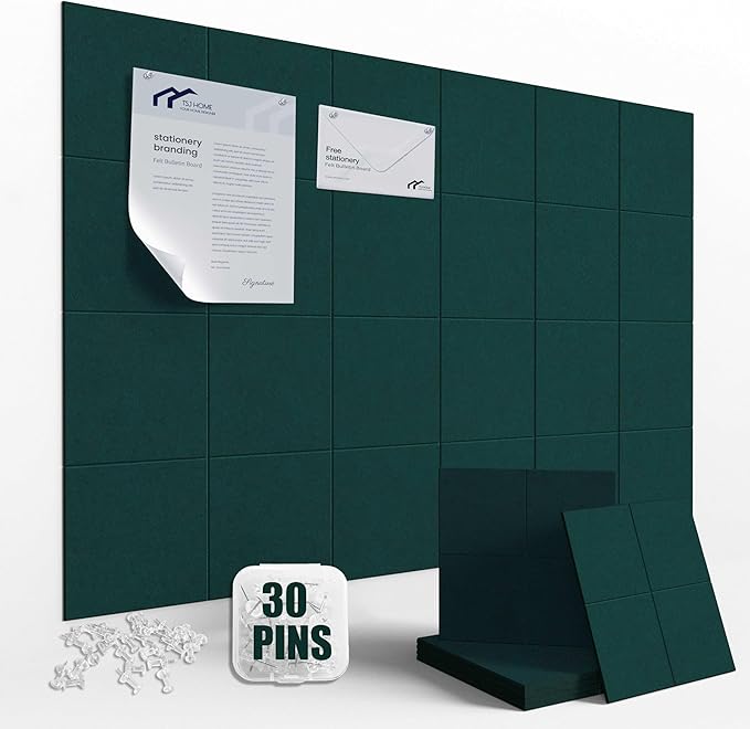 Large Felt Cork Board Alternative - 36" x 24" Bulletin Board with 30 Pushpins, 6 Pack Adhesive Cork Board, Sound Absorbing Fabric Wall Tiles, for Office Home Music Class, Dark Green