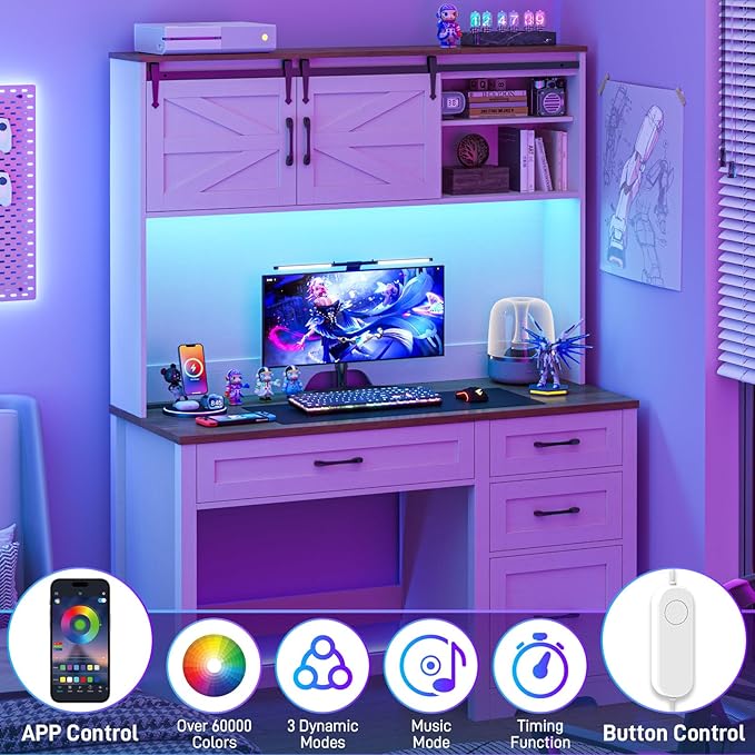 Farmhouse 67" H Executive Desk with Hutch,Office Table with LED light and 4 Drawers,Computer Desk with Charging Station,File Drawers and Storage Cabinet,Workstation for Home Office.Unique White