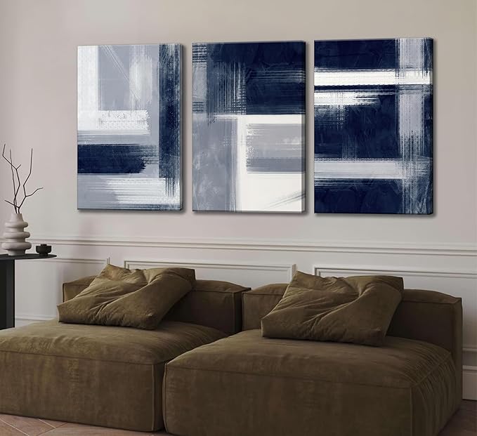 Wavkkey 3Pcs Navy Blue Abstract Canvas Wall Art Blue Grey Neutral Modern Geometric Abstract Painting Poster Wall Decor Print Artwork for Living Room Bedroom Office Home Decoration