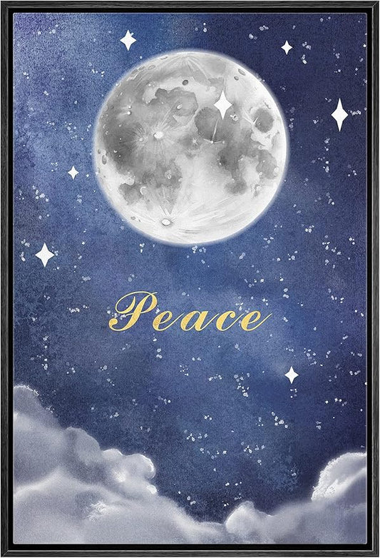 IDEA4WALL Framed Canvas Print Wall Art Peace Watercolor Galaxy with Silver Moon Astronomy & Space Sky Illustrations Modern Art Glam Colorful Ultra for Living Room, Bedroom, Office - 24"x36" BLACK