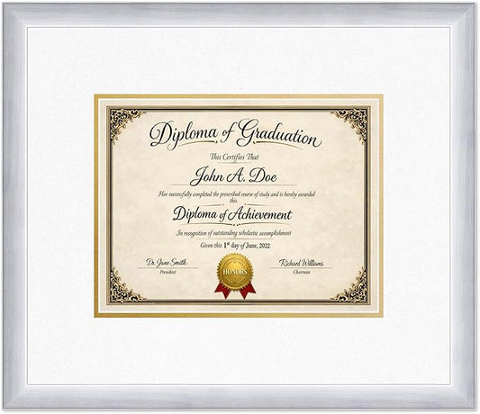 Diploma Frame Stainless Silver with Oyster Shell Over Gold Double Mat - Fits 11 x 8.5 US Letter Certificate Wall Display Made in the USA