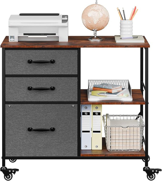 JungleA 3 Drawer Mobile File Cabinet, with 3 Fabric Drawers and 2 Shelves, Mobile Storage Organizer Cart for Office, Study Room, Library, Dark Gray