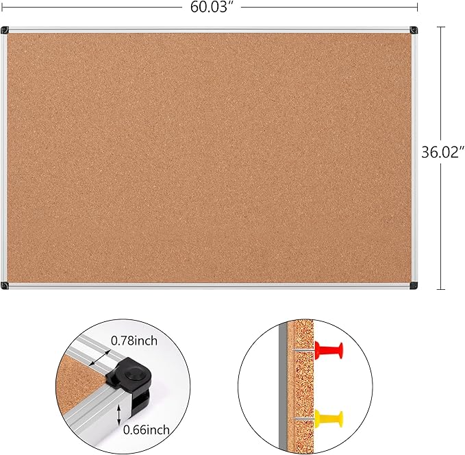 Board2by Large Cork Bulletin Board 60" X 36", Silver Aluminum Framed Corkboard for Wall, Wall Mounted Notice Pin Board with Push Pins for School, Home & Office - 5' x3' Corkboard
