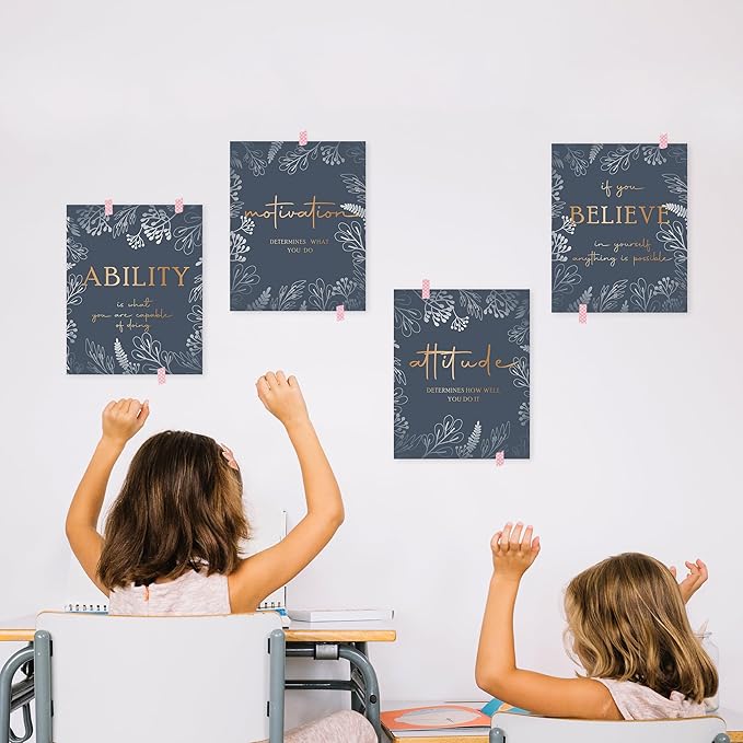 HRQKO Office Motivational Wall Art Poster Prints Set of 4, Inspirational Quotes, Gold Artwork for Walls, Affirmation Decor for Women Men 8"x10" Unframed