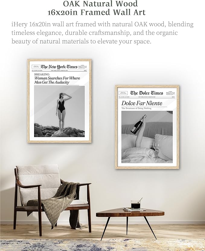 iHery Framed Trendy NewsPaper Wall Art, Large 16x20in Canvas Wall Art,Beige OAK Wood Retro Vintage Magazine Artwork,Woman Searches For Where Men Get The Audacity,Bedroom Bathroom Decor 1Pack
