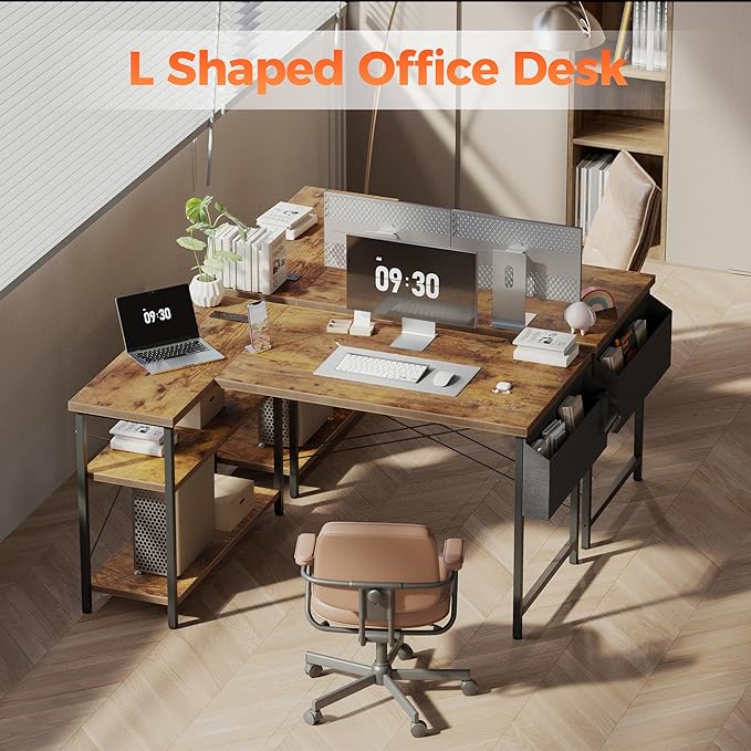 Mericonia Small L Shaped Computer Desk with Power Outlets, Reversible Gaming Desk with Storage Shelves, Corner Gamer Desk Table, Study Writing Table