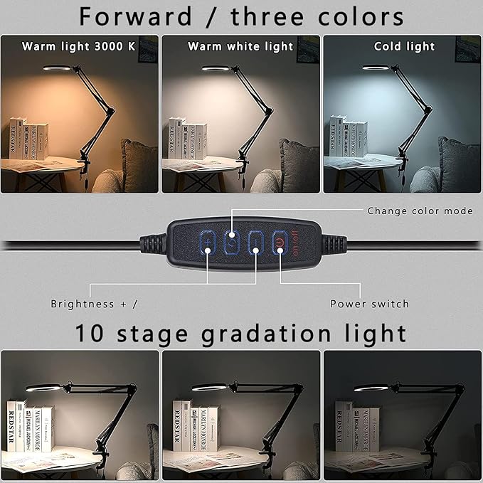 10X Magnifying Glass Lamp Ultra Long 3-Section Swing Arm with Light and Stand, Desk Lamp 5 Color Modes LED Super Bright Daylight, Arm Lighted Magnifying Lamp for Workbench, Crafting, Hobby (Black)