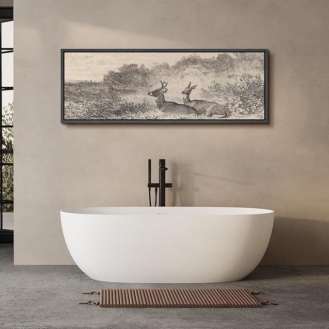 SIGNFORD Large Framed Canvas Vintage Deer Meadow Landscape Illustrations Modern Art Calm Warm for Living Room, Bedroom, Office - 60"x20"