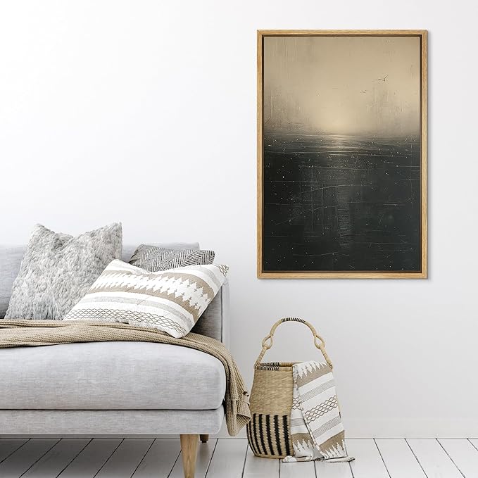 SIGNFORD Framed Canvas Print Wall Art Seascape-Inspired Abstract with Sunset Glow and Flying Birds Illustrations Modern Art Decorative Zen Nordic for Living Room, Bedroom, Office - 24"x36" Natural