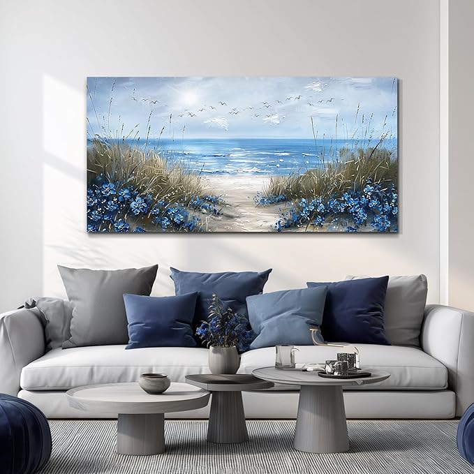 KELIYUAN Wall Art For Living Room Canvas Wall Decor For Bedroom Office Decorations Blue Ocean Wall Painting Sea Wave Pictures Artwork Modern Beach Posters Aesthetic Ready To Hang Home Decor 20"x40"