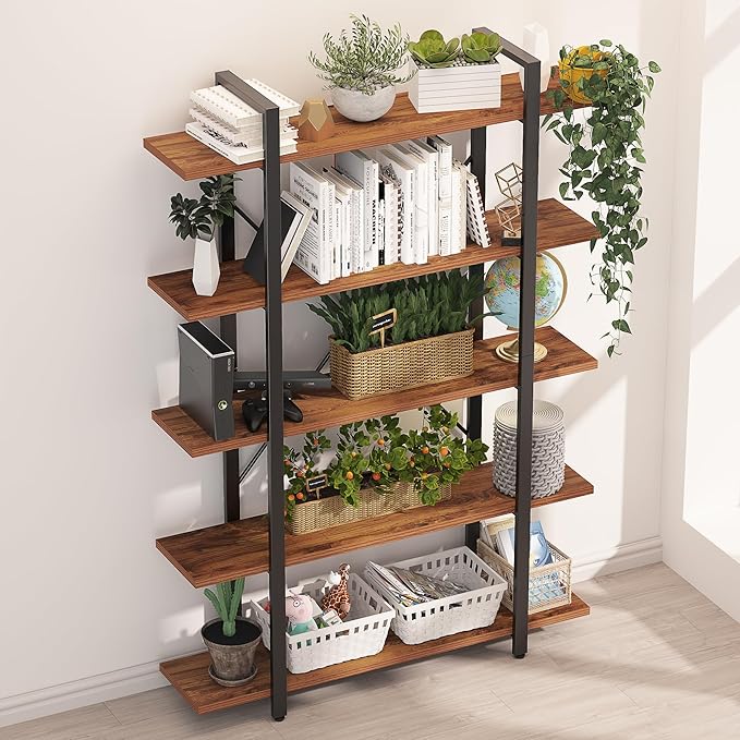 BATHWA Wood and Metal Minimalist 5 Tier Bookshelf, 6 feet Tall Open Rustic Wide Bookcase Industrial Style, Modern Wooden Big Book Shelf for Home Living Room Bedroom Office Storage, Rustic Brown