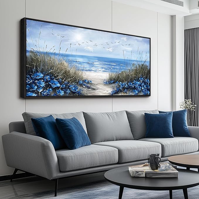 KELIYUAN Blue Ocean Wall Painting Wall Art For Living Room Large Canvas Wall Decor For Bedroom Office Decor Sea Wave Pictures Artwork Modern Beach Posters Aesthetic Home Decor Wooden Frame 32"X72"