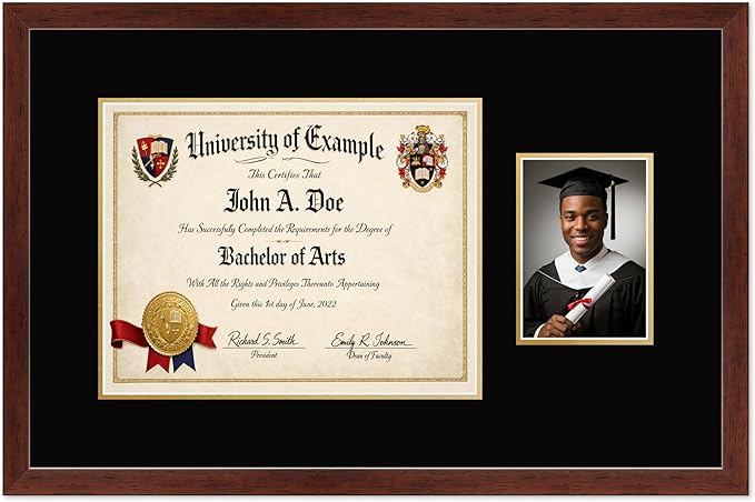 CountryArtHouse Fits 14 x 11 College Diploma (Modern) and 5 x 7 Photo Diploma and Photo Frame Rustic Walnut Genuine Hardwood with Black Over Metallic Gold Double mat