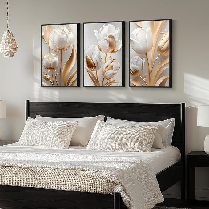 3Pcs Vintage Minimalist Floral Wall Art White Gold Abstract flowers Wall Decor Pictures Modern Luxury Poster Prints tulip Plants Painting Artwork for Office Home Decoration 16x24in