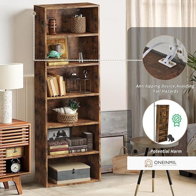 oneinmil 6 Tier Bookshelf and Bookcase, Wooden Bookshelves with Cabinet Doors, Floor Bookshelves and Office Storage Cabinets for Home Office, Living Room,Brown
