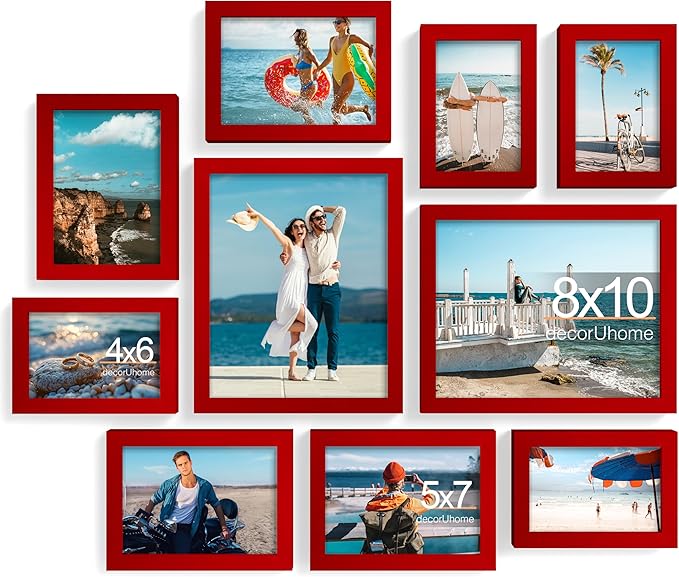 decorUhome Picture Frames Collage Wall Decor for Photo Gallery Display, Assorted Picture Frames set of 10 Including Two 8x10 / Four 5x7 / Four 4x6 for Family Wall Decor, Red, 10 Pack