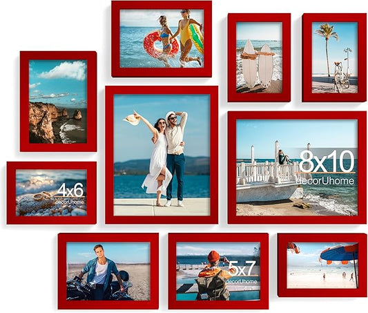 decorUhome Picture Frames Collage Wall Decor for Photo Gallery Display, Assorted Picture Frames set of 10 Including Two 8x10 / Four 5x7 / Four 4x6 for Family Wall Decor, Red, 10 Pack